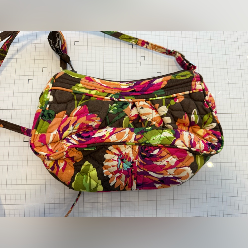Vera Bradley Frannie English Rose Quilted Crossbody Bag - Brown Pink & Green - Picture 3 of 5